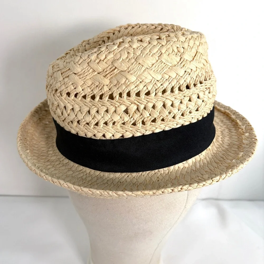 J.Crew Fedora Hat Natural Beige Paper Straw Black Grosgrain Band 11528